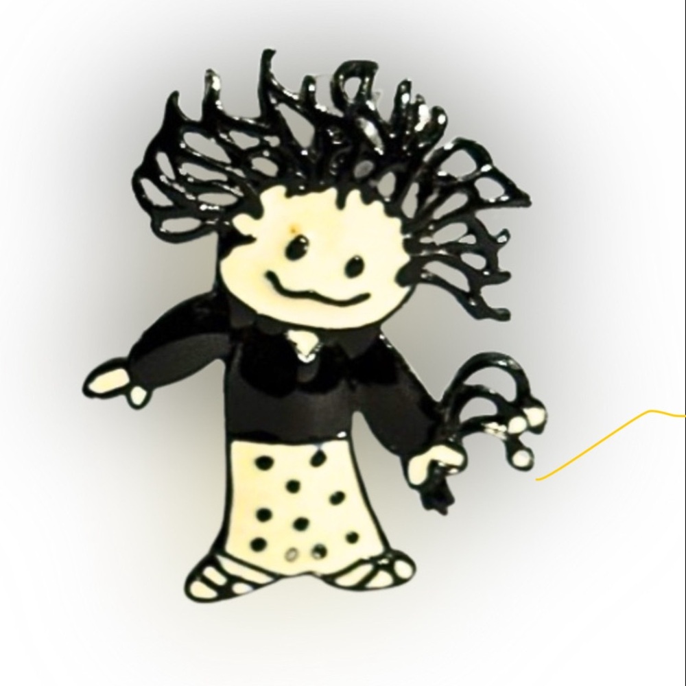 VINTAGE STEINMETZ Brooch Pin Wild Hair Girl White & Black Enamel on Silver Tone